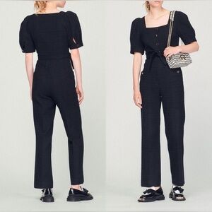 SANDRO puff sleeve tweed belted jumpsuit